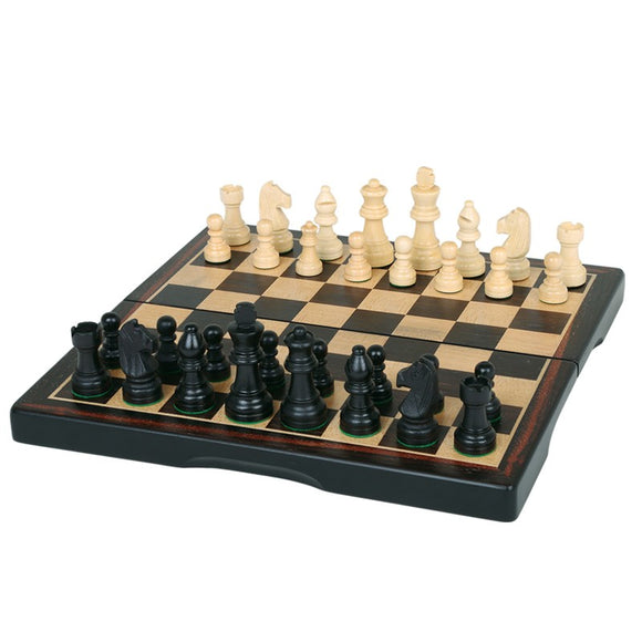A 15-inch dark wood folding chess set featuring elegantly crafted black and ivory chess pieces set on a classic checkered board. The pieces are neatly arranged with the black pieces on one side and the white pieces on the other, showcasing a rich wooden finish and a compact design perfect for storage and travel.