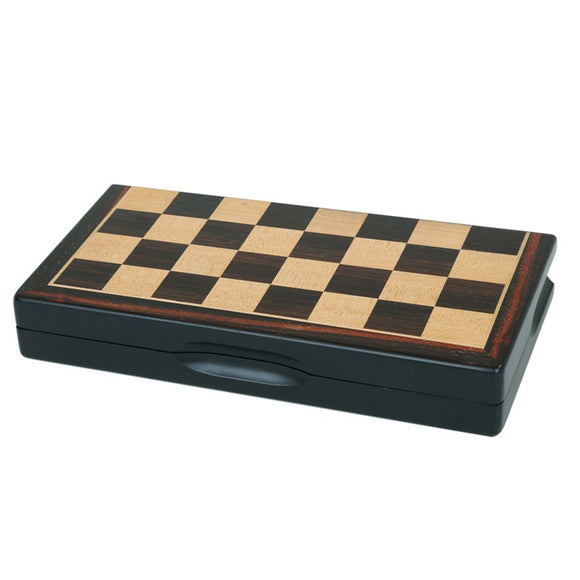 15-inch dark wood folding chess set by John N. Hansen Co. Inc. The chessboard features a classic alternating pattern of light and dark squares, housed in a sleek black case for easy storage and transport, perfect for both casual and competitive play.