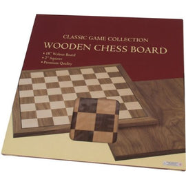 18-inch walnut chessboard featuring a classic design with 2-inch squares. The board showcases a premium quality finish, perfect for game enthusiasts. Ideal for classic chess games and adding elegance to game nights.
