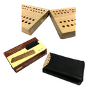 Travel Cribbage game set featuring a wooden board with magnetic clasps, designed for portability. The packaging showcases the game and includes a black leather case for storage. Suitable for ages 14 and up.