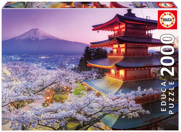 Educa Jigsaw Puzzle featuring Mount Fuji in Japan, showcasing a beautiful pagoda surrounded by cherry blossoms during twilight. The puzzle consists of 2000 pieces, perfect for scenic puzzle lovers.