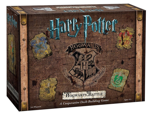 Harry Potter: Hogwarts Battle game box featuring the iconic Hogwarts coat of arms and house crests from Gryffindor, Hufflepuff, Ravenclaw, and Slytherin. The game is designed for 2-4 players and is labeled as a cooperative deck-building game for ages 11 and up. The box has a textured look with wood and leather elements, along with colorful house emblems.