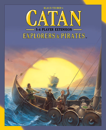 The box cover of the Catan: Explorers & Pirates – 5-6 Player Extension game. The artwork depicts characters on a sailing ship with a bright sun setting in the background, setting the adventurous scene for players. The title is prominently displayed at the top.