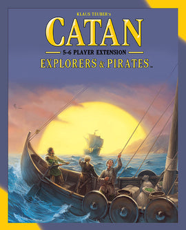 The box cover of the Catan: Explorers & Pirates – 5-6 Player Extension game. The artwork depicts characters on a sailing ship with a bright sun setting in the background, setting the adventurous scene for players. The title is prominently displayed at the top.