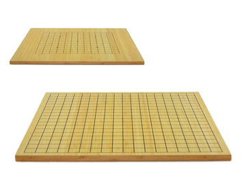 A beautifully crafted Go board made from bamboo. It features a smooth surface with a grid pattern of intersecting lines, designed for playing the strategic game of Go. The board is presented from two angles to showcase its sleek design and quality craftsmanship.