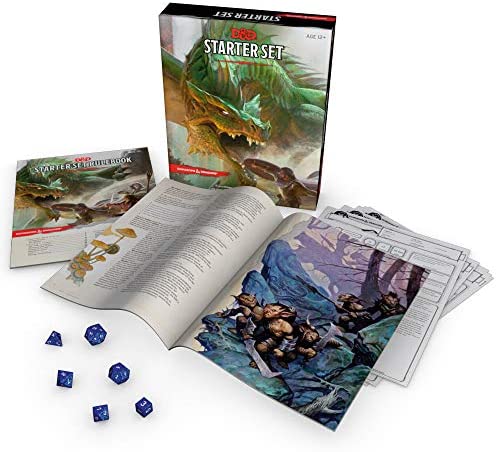 A D&D Starter Set by Wizards of the Coast - Hasbro featuring a colorful box with a dragon illustration, rulebook, adventure guide, character sheets, and gaming dice. The components are arranged neatly to showcase the gameplay experience.