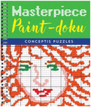 Masterpieces Paint-doku book features grid-based puzzles with colorful patterns designed to reveal artistic portraits. Ideal for puzzle enthusiasts. The cover showcases a vibrant image of a face made with vivid colors and grid coordinates, combined with a playful design.