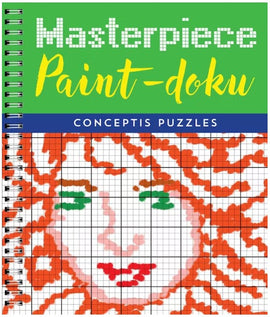 Masterpieces Paint-doku book features grid-based puzzles with colorful patterns designed to reveal artistic portraits. Ideal for puzzle enthusiasts. The cover showcases a vibrant image of a face made with vivid colors and grid coordinates, combined with a playful design.