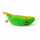 A vibrant green fabric pouch shaped like a banana, with a yellow zipper and bright yellow lettering. The patch on the front reads 'my first BANANAGRAMS', designed for children's word games, emphasizing educational play.