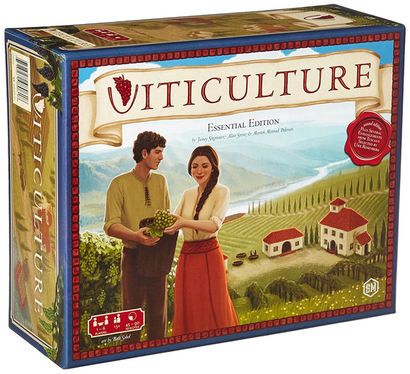 The Viticulture board game box by Stonemaier Games features a picturesque vineyard scene. The cover shows two people, a man and a woman, interacting with grapes amidst lush hills and charming houses in the background. The title 'Viticulture' is prominently displayed at the top with additional information stating 'Essential Edition' and details about the game type.