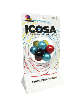 Icosa by Brainwright is a colorful mechanical fidget puzzle consisting of a cluster of nine balls in various colors including red, blue, green, and black. The toy is displayed on a vibrant packaging featuring swirling lines and the tagline 'Twist, Turn, Fidget!' suitable for ages 8 and up.