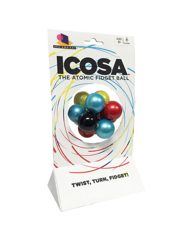 Icosa by Brainwright is a colorful mechanical fidget puzzle consisting of a cluster of nine balls in various colors including red, blue, green, and black. The toy is displayed on a vibrant packaging featuring swirling lines and the tagline 'Twist, Turn, Fidget!' suitable for ages 8 and up.