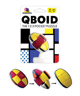 Qboid by Brainwright is a colorful, pocket-sized mechanical puzzle featuring various colored segments. The packaging displays the puzzle in different stages of assembly, showcasing its unique shape and vibrant colors suitable for ages 8 and up. Perfect for puzzle enthusiasts and enhancing problem-solving skills.
