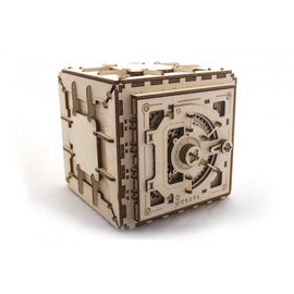UGears 3D Safe, an intricately designed wooden mechanical puzzle featuring a detailed lock and combination dial, showcasing precision craftsmanship perfect for DIY enthusiasts.