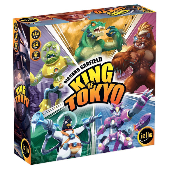 The King of Tokyo board game box featuring colorful illustrations of various monsters and characters, including a giant gorilla, robot, and lizard. The game is designed for 2-6 players, suitable for ages 8 and up, with a playtime of approximately 30 minutes. The game's logo is prominently displayed on the front.