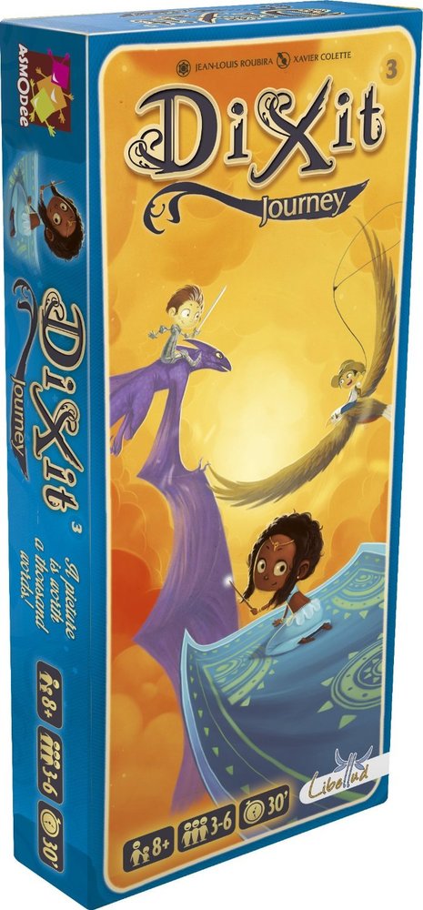 Dixit: Journey game box featuring colorful illustrations of whimsical characters riding fantastical creatures in a dreamlike landscape. The box highlights its creative gameplay, suitable for 3-6 players aged 8 and up, and mentions a playtime of 30 minutes.