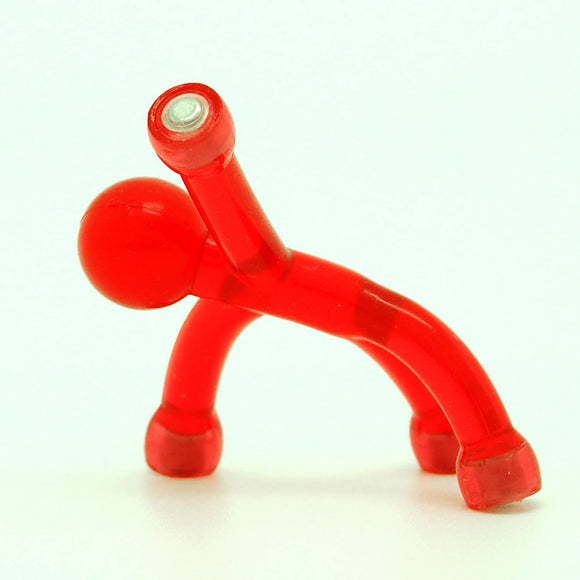 A bright red Mini QMan Translucent figure made by NUOP. The figure features a flexible design with rounded limbs and a round head, creating a playful and dynamic appearance. Ideal for stress relief and as a fun fidget toy, it captures attention with its vibrant color and unique form.