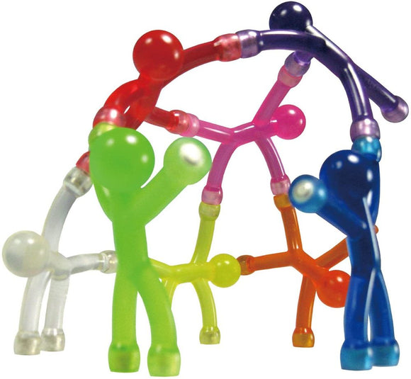 A colorful set of miniature translucent figures in various poses, including red, green, pink, blue, and clear, showcasing their flexible connections. These playful figures can be used for fidgeting or creative arrangements.