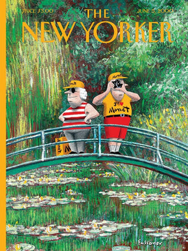 A colorful jigsaw puzzle featuring an illustration inspired by Monet's artwork. The scene depicts two cheerful characters on a bridge, surrounded by lush greenery and lily pads in a serene pond setting. The characters hold a camera and a bag, capturing a whimsical moment reminiscent of classic Monet themes.