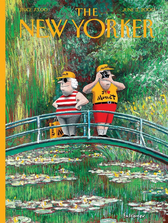 A colorful jigsaw puzzle featuring an illustration inspired by Monet's artwork. The scene depicts two cheerful characters on a bridge, surrounded by lush greenery and lily pads in a serene pond setting. The characters hold a camera and a bag, capturing a whimsical moment reminiscent of classic Monet themes.