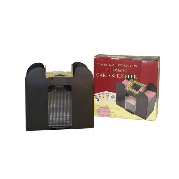 A 6 Deck Automatic Card Shuffler from John N. Hansen Co. Inc. shown in black, positioned beside its packaging. The shuffler features slots for card placement and a visible internal mechanism for shuffling decks. The box showcases the product name and instructions for use, making it an essential addition to game nights.