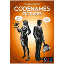 Codenames: Pictures board game designed by Vlaada Chvátil, featuring a vibrant orange background with two characters in suits. The female character holds a planet, while the male character holds a pan with a clock face, signifying teamwork and strategy in a fun and engaging picture-based game.