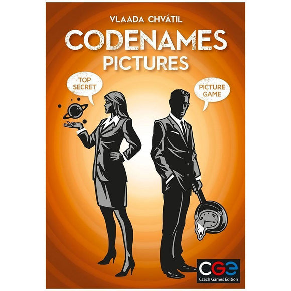 Codenames: Pictures board game designed by Vlaada Chvátil, featuring a vibrant orange background with two characters in suits. The female character holds a planet, while the male character holds a pan with a clock face, signifying teamwork and strategy in a fun and engaging picture-based game.