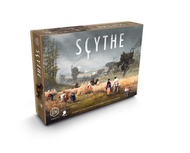 The Scythe board game box featuring a richly illustrated cover. The artwork showcases a dystopian landscape with people harvesting grain in the foreground and looming mechanized vehicles in the background. The game's title, 'Scythe', is prominently displayed across the top.