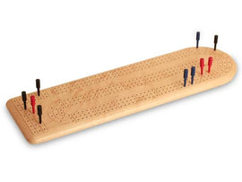 A beautifully crafted maple cribbage board with meticulously engraved tracks. It features colored pegs in red, blue, and black, arranged on the board for gameplay. The smooth wooden surface highlights the natural grain, making it an elegant addition to any game night.