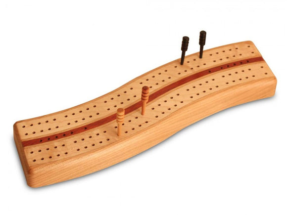 Heartwood Creations Cribbage Curve game made of cherry wood, featuring a smooth, curved board with pre-drilled holes and two pegs for tracking scores. Perfect for family game nights and gatherings.