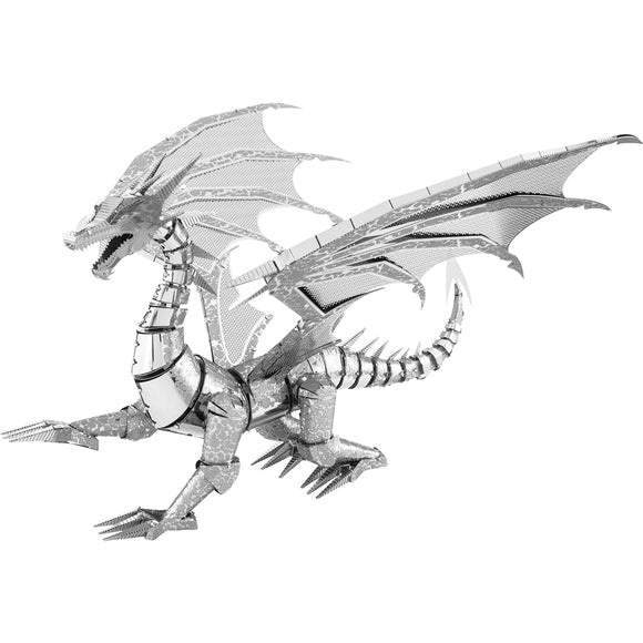 The ICONX Silver Dragon DIY kit by Fascinations features a detailed metallic dragon model with large, impressive wings, sharp claws, and an intricate design. The dragon is posed mid-action, showcasing its fierce expression and ornate body detailing, suitable for display or as a fun crafting project.