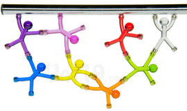Mini QMan Translucent in Lime color from NUOP. The product features flexible, colorful figures climbing and hanging from a silver rod, showcasing imaginative play and fun. Ideal for stress relief and creative exploration.