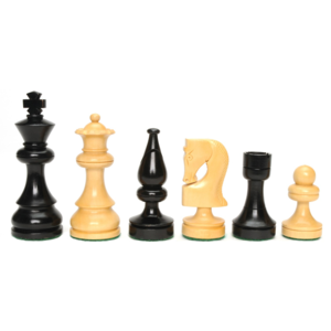 A collection of Russian-style chess pieces made of black and natural wood, featuring a king, queen, bishop, knight, rook, and pawn. Each piece is finely detailed and polished, showcasing classic chess design. These pieces are displayed on a green felt base, emphasizing their elegance and craftsmanship, perfect for chess enthusiasts and collectors.