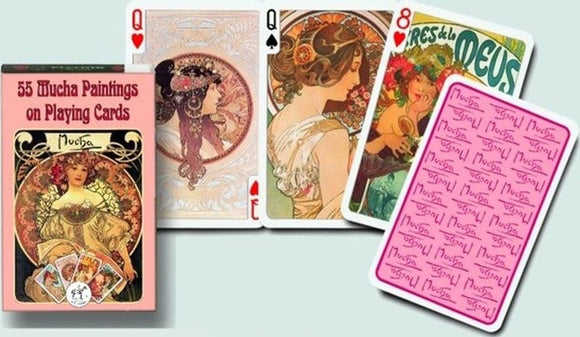 A beautifully designed deck of playing cards featuring 55 Mucha paintings. The packaging showcases a classic Mucha illustration, while several cards display intricate artwork of women adorned with floral designs. The cards are vibrant and detailed, reflecting Alphonse Mucha's iconic art style.