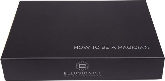 The 'How To Be A Magician' boxset by US Playing Card Co. features a sleek black exterior with the title printed in white letters. The Ellusionist logo is visible at the bottom, representing quality magic training resources for aspiring magicians.