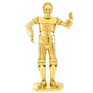 A highly detailed, gold-colored DIY metal model of C-3PO from Star Wars, featuring articulated limbs and a waving hand, displayed on a square base. Perfect for fans of metal crafts and collectors.