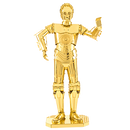 A highly detailed, gold-colored DIY metal model of C-3PO from Star Wars, featuring articulated limbs and a waving hand, displayed on a square base. Perfect for fans of metal crafts and collectors.