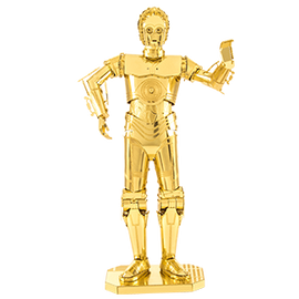 A highly detailed, gold-colored DIY metal model of C-3PO from Star Wars, featuring articulated limbs and a waving hand, displayed on a square base. Perfect for fans of metal crafts and collectors.