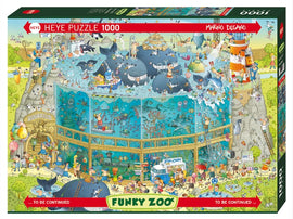 Heye Ocean Habitat jigsaw puzzle featuring a vibrant underwater scene with various marine animals, an aquarium, and people enjoying their day. The puzzle includes whimsical characters, lively sea life like whales and fish, and a bustling environment, making it a fun and engaging challenge for puzzle lovers.