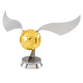 A detailed DIY metal model of the Golden Snitch from Harry Potter, featuring a shiny golden ball with delicate silver wings attached. The model is mounted on a circular base, showcasing intricate design and craftsmanship, perfect for collectors and fans of the franchise.