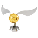 A detailed DIY metal model of the Golden Snitch from Harry Potter, featuring a shiny golden ball with delicate silver wings attached. The model is mounted on a circular base, showcasing intricate design and craftsmanship, perfect for collectors and fans of the franchise.