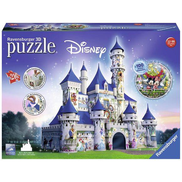Ravensburger Disney Castle 3D puzzle packaging, featuring an intricately designed castle with blue spires and characters from Disney. The box displays vibrant imagery and highlights that it includes 216 pieces, suitable for ages 12 to 99.
