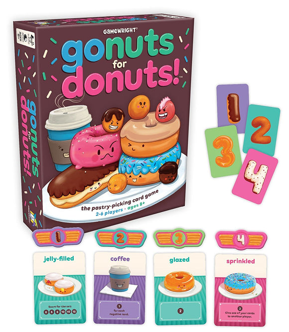 Go Nuts for Donuts! is a colorful and engaging card game by Gamewright. The game features a playful box design packed with cartoon-style donuts and pastries. It includes scoring cards for jelly-filled donuts, coffee, glazed donuts, and sprinkled donuts, intended for 2-6 players aged 8 and up, encouraging strategic thinking and fun.