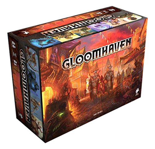 The board game Gloomhaven by Cephalofair Games features a beautifully illustrated box cover showcasing a fantasy setting with mythical creatures, vibrant colors, and intricate artwork. The title 'Gloomhaven' is prominently displayed, inviting players into an immersive adventure experience. The packaging suggests a cooperative game filled with strategy and exploration.