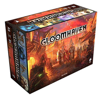 The board game Gloomhaven by Cephalofair Games features a beautifully illustrated box cover showcasing a fantasy setting with mythical creatures, vibrant colors, and intricate artwork. The title 'Gloomhaven' is prominently displayed, inviting players into an immersive adventure experience. The packaging suggests a cooperative game filled with strategy and exploration.