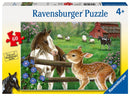 Ravensburger jigsaw puzzle titled 'New Neighbors', featuring a serene countryside scene with a brown horse, a fawn, and sheep in a lush green landscape. The puzzle box shows the vibrant artwork depicting flowers, a wooden fence, and a red barn in the background, suitable for ages 4 and up, with 60 pieces.