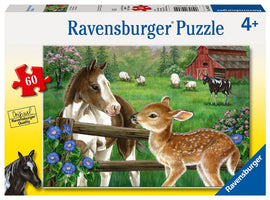 Ravensburger jigsaw puzzle titled 'New Neighbors', featuring a serene countryside scene with a brown horse, a fawn, and sheep in a lush green landscape. The puzzle box shows the vibrant artwork depicting flowers, a wooden fence, and a red barn in the background, suitable for ages 4 and up, with 60 pieces.
