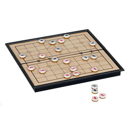 10-inch folding Chinese chess set featuring a wooden board with a bamboo design. The game includes black and red pieces, arranged in strategic formation. Ideal for tabletop gaming enthusiasts and beginners alike.
