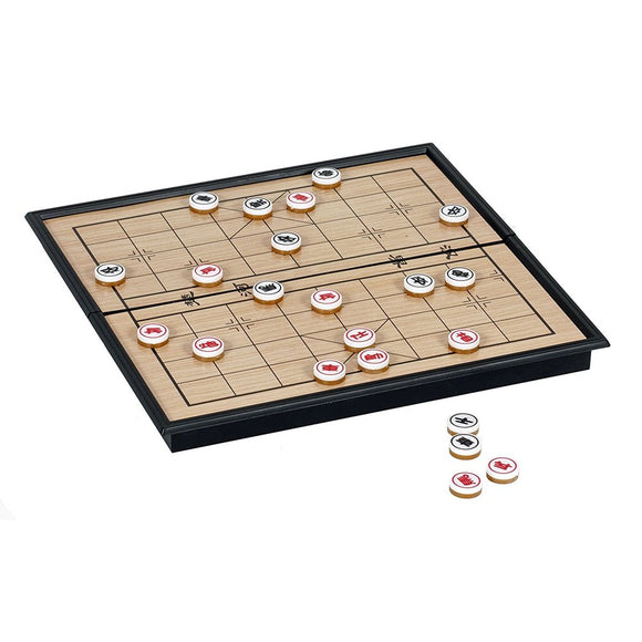 10-inch folding Chinese chess set featuring a wooden board with a bamboo design. The game includes black and red pieces, arranged in strategic formation. Ideal for tabletop gaming enthusiasts and beginners alike.