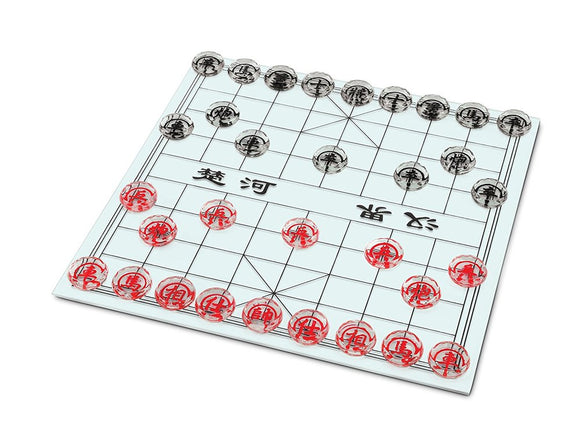A 10-inch glass Chinese chess board featuring a clear, smooth surface with red and black glass pieces. The board is marked with a traditional grid design, displaying Chinese characters and lines that define the playing area, designed for strategic gameplay.